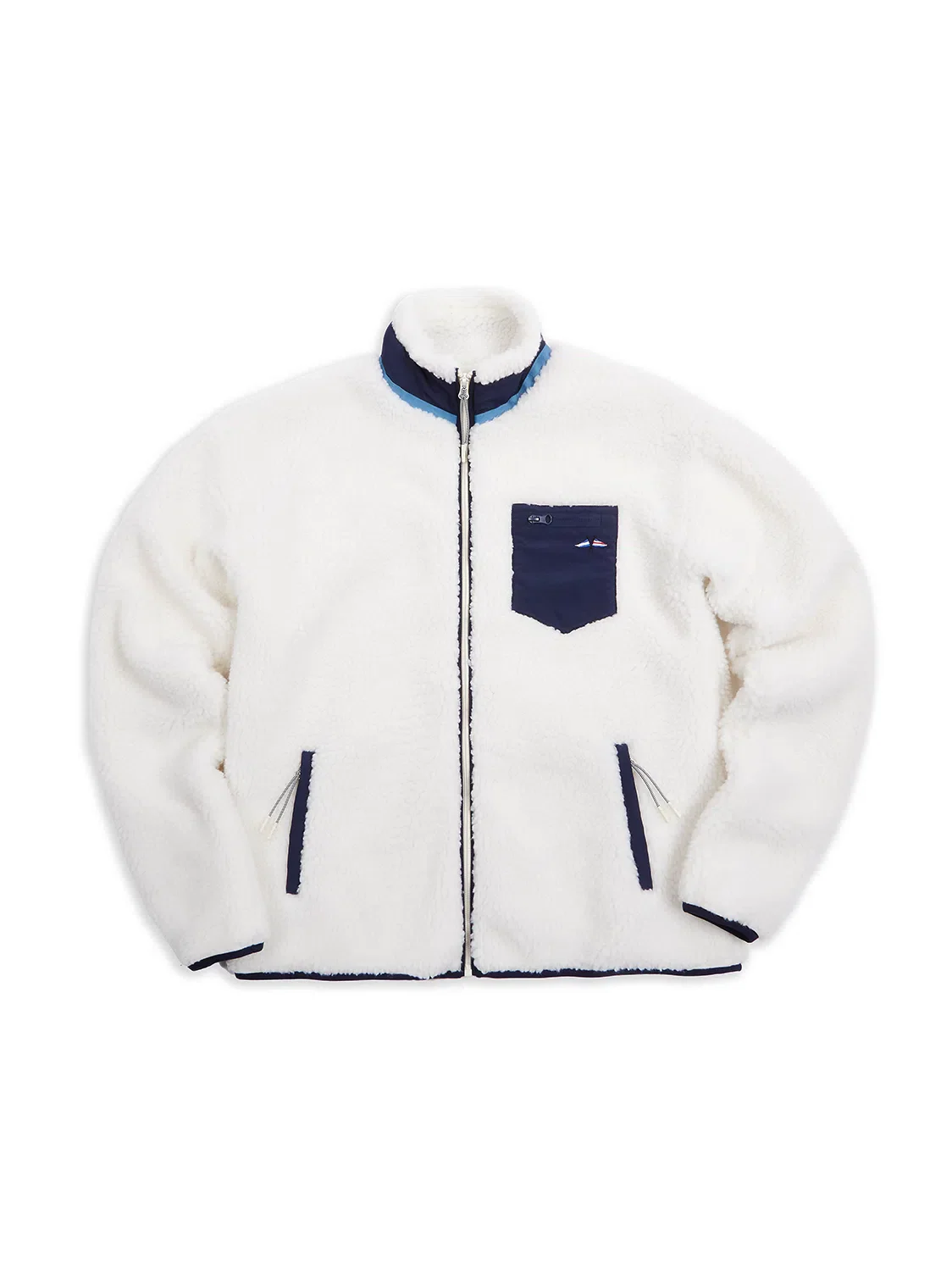 White fleece jacket with blue accents on a white background