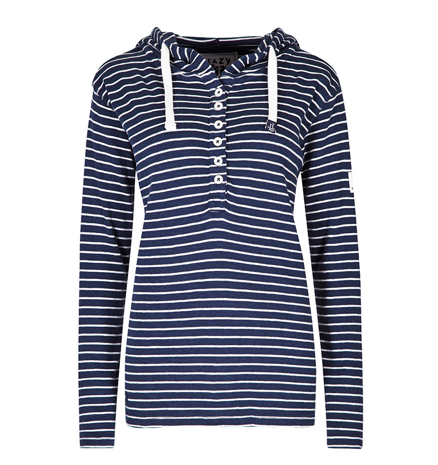 Lazy Jacks Ladies lightweight Hooded Stripe Top - Marine