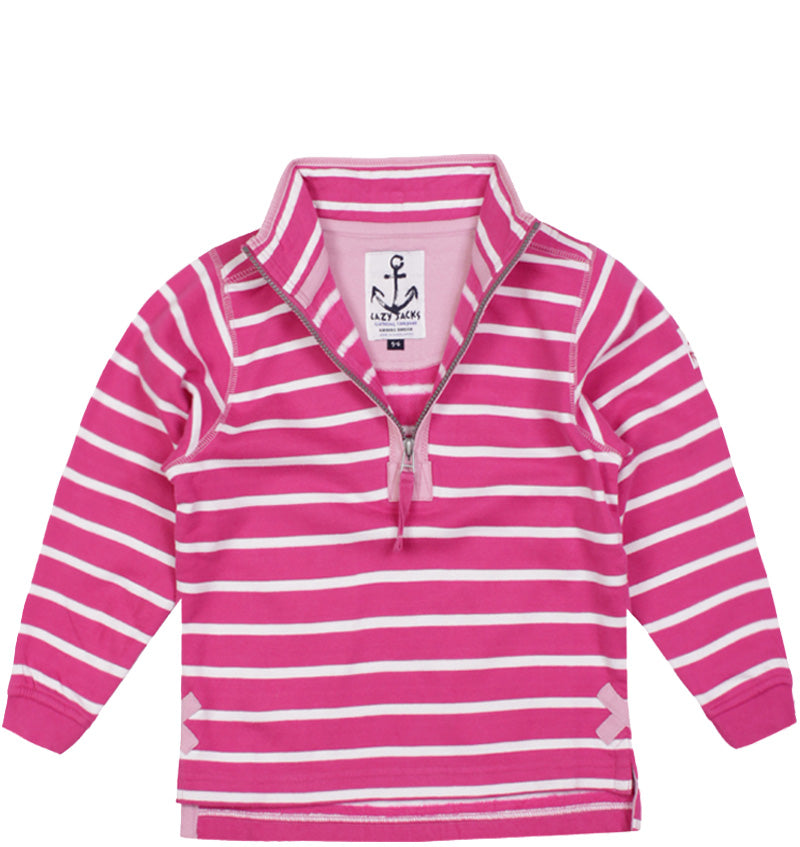 Lazy Jacks Childrens Quarter Zip Stripe Sweatshirt - Raspberry