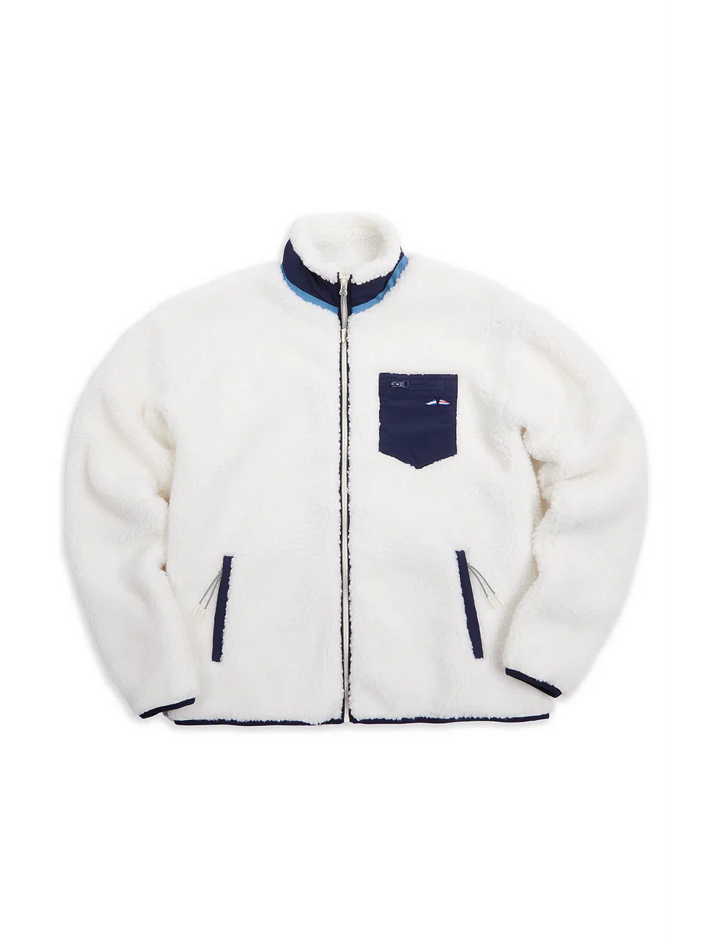 White fleece jacket with blue accents on a white background