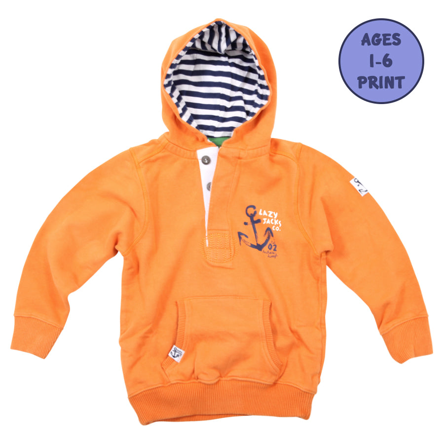 Lazy Jacks Childrens Button Neck Hooded Sweatshirt - Orange