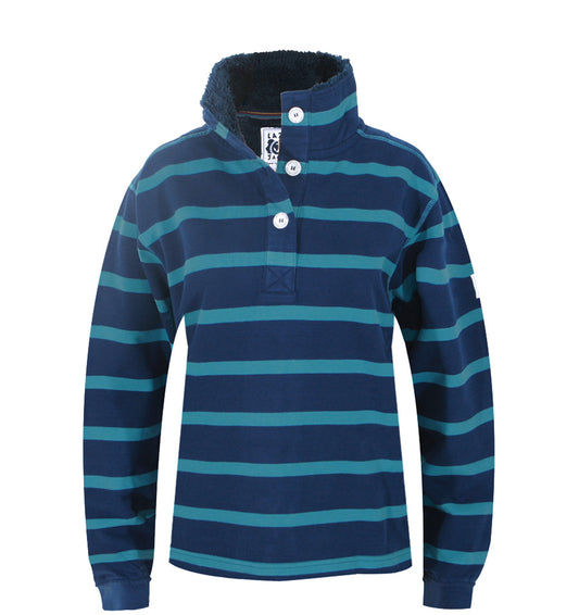 Lazy Jacks Ladies Supersoft Stripe Sweatshirt with Fleece Lined Collar - Marine