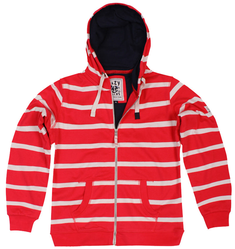 Lazy Jacks Ladies Hooded Full Zip Stripe Sweatshirt - Cherry