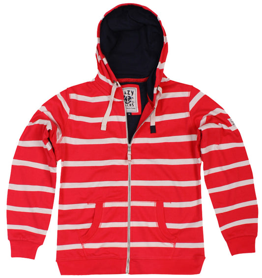 Lazy Jacks Ladies Hooded Full Zip Stripe Sweatshirt - Cherry