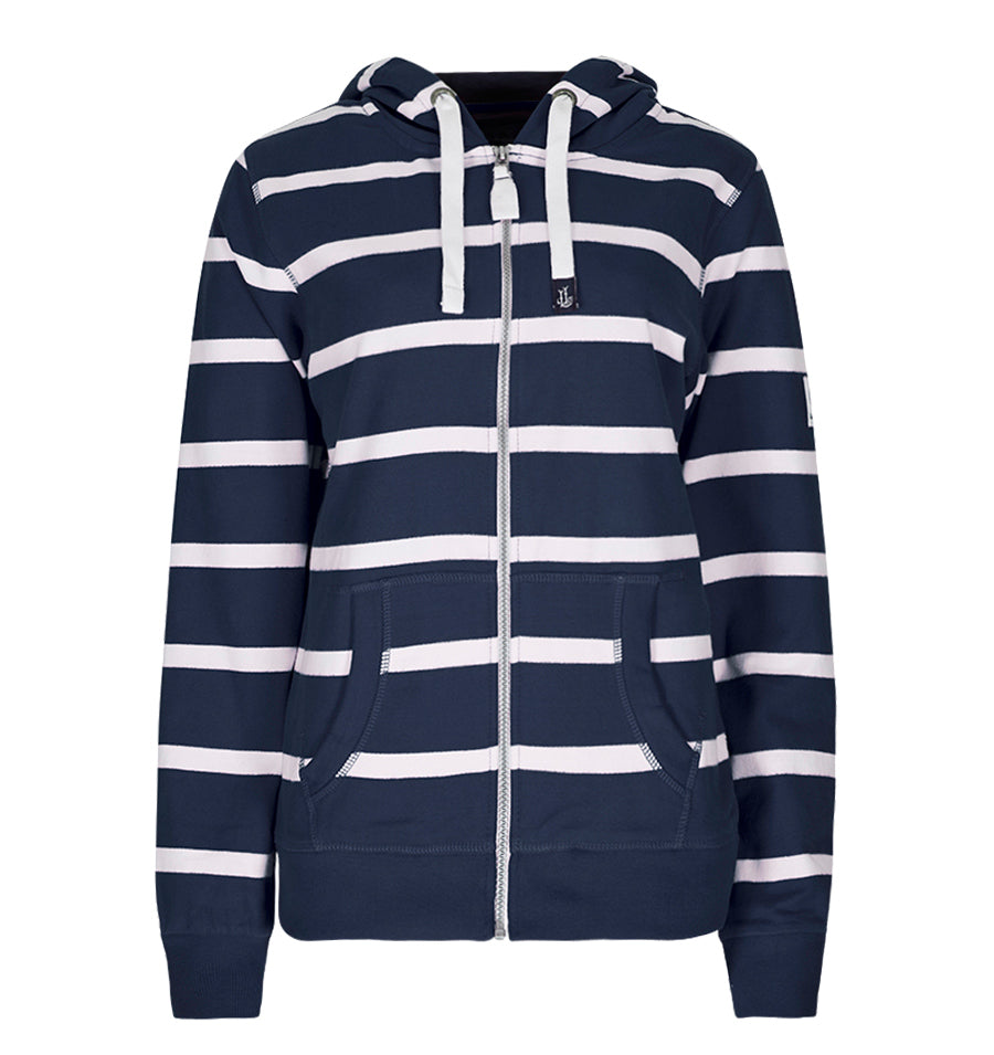 Lazy Jacks Ladies Hooded Full Zip Stripe Sweatshirt - Marine
