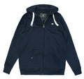A navy-colored unisex full zip hoodie with front pockets, an adjustable drawstring hood, and an embroidered logo on the chest.