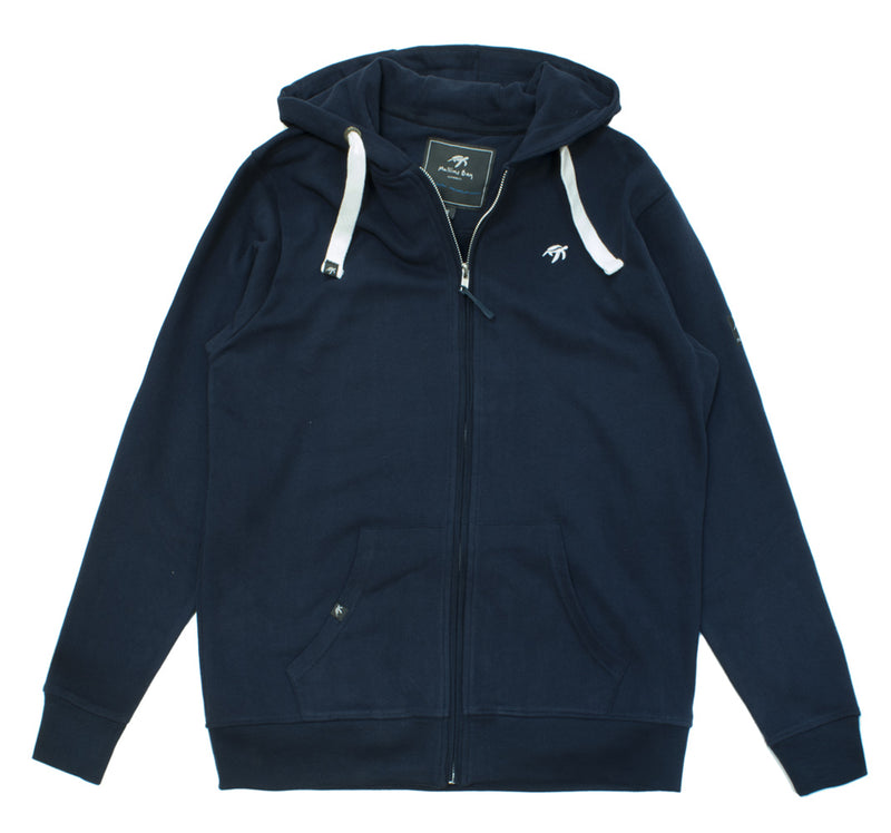 A navy-colored unisex full zip hoodie with front pockets, an adjustable drawstring hood, and an embroidered logo on the chest.